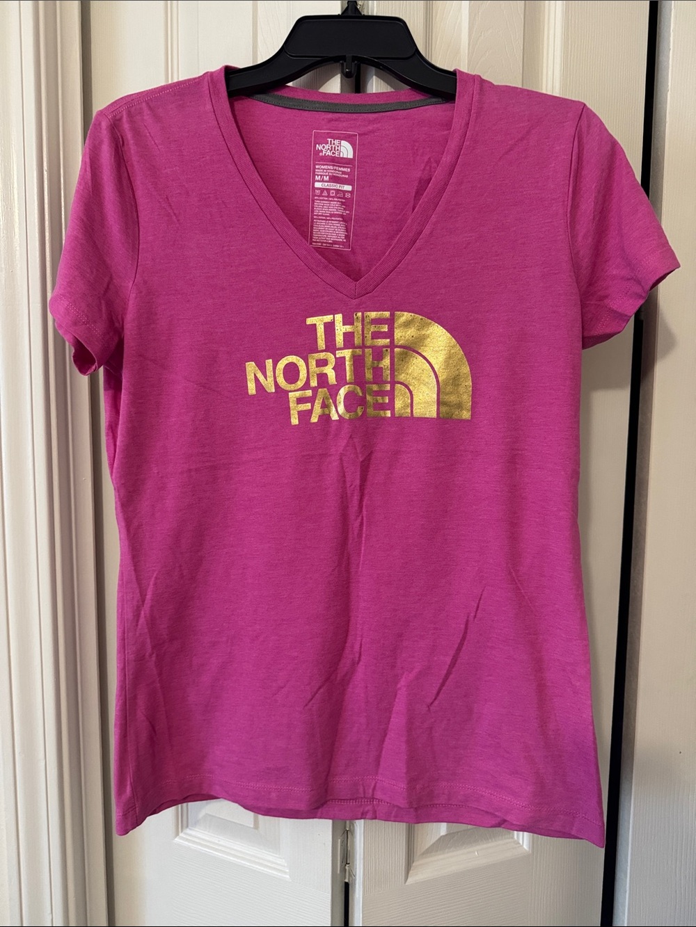 The North Face Women's Fuchsia V-Neck Tee with Gold Logo